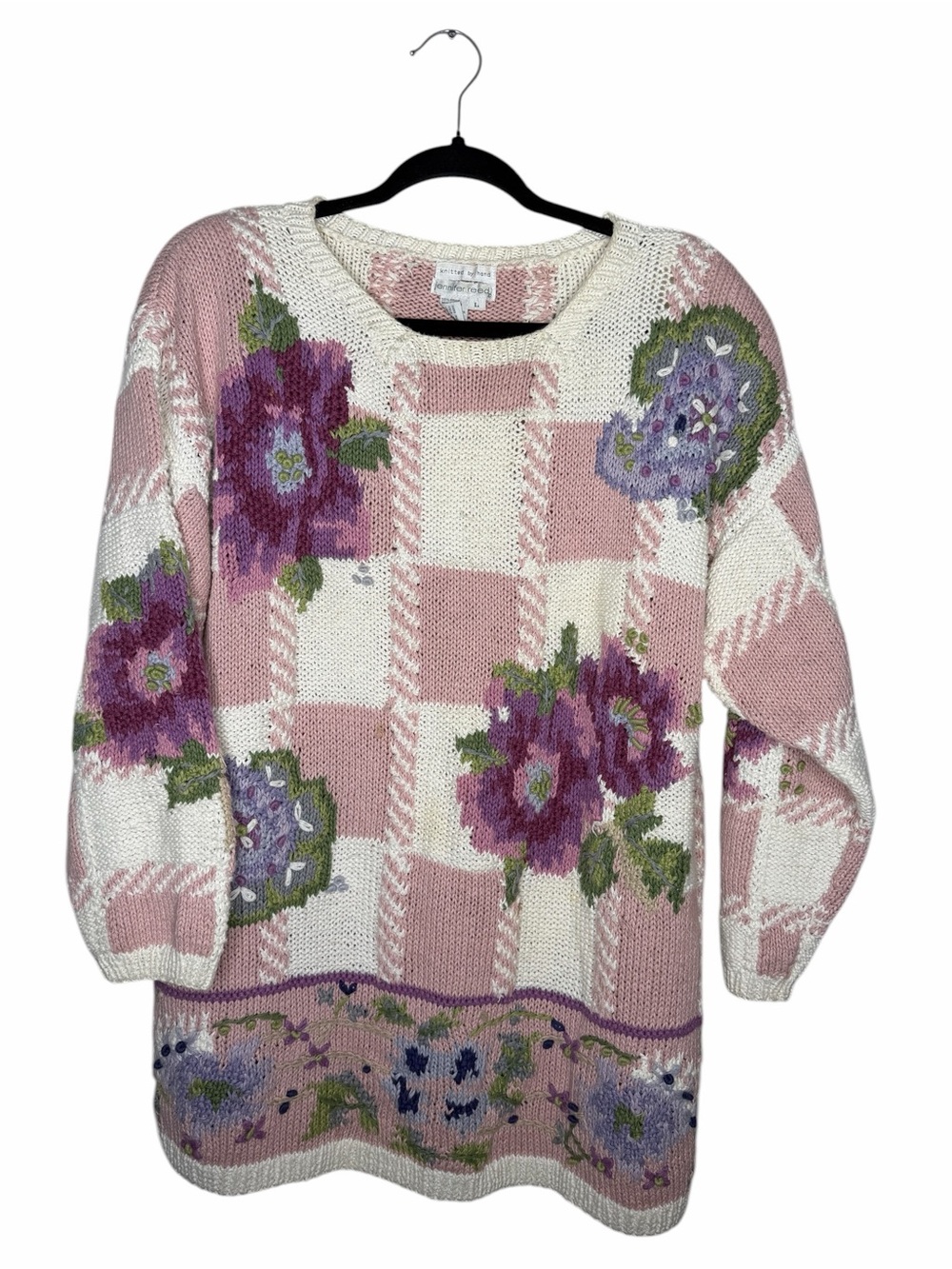 JENNIFER REED / pink white patchwork floral hand knit vintage chunky sweater / L